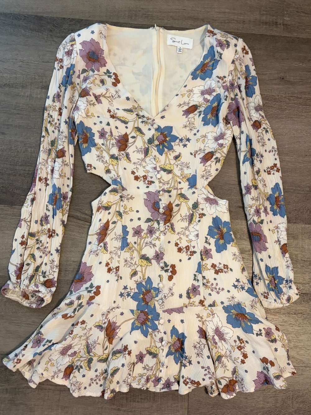 Cream Floral Cutout Mini Dress with Blue & Lavender Blooms by Love Sam